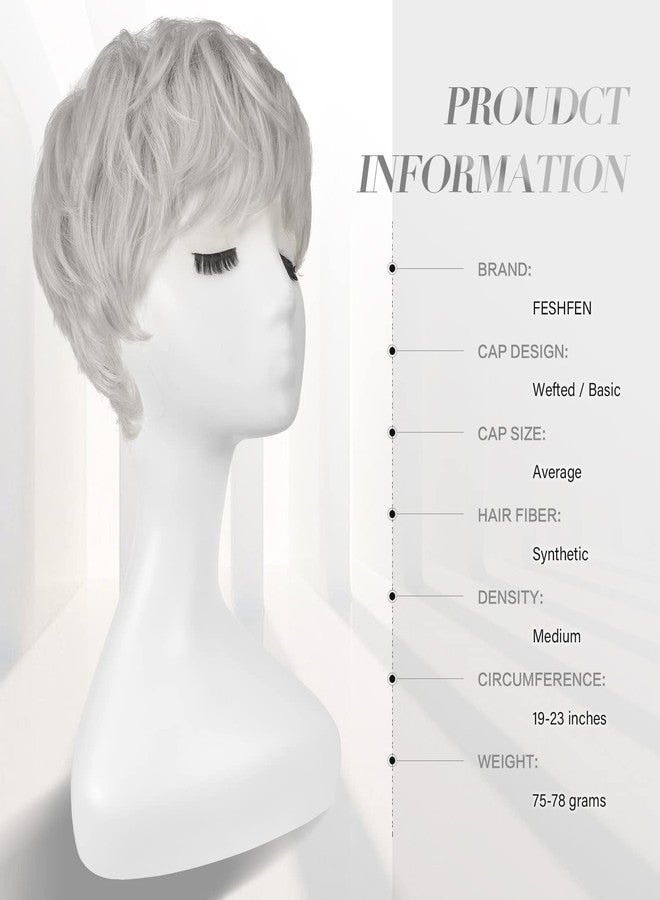 فيشبن شعر مستعار قصير بيكسي من فيشفين، مصنوع من مواد صناعية، بلون رمادي بلاتيني، مع غرة، بدون غراء، بطبقات مموجة، مناسب للنساء والرجال. - Image 2